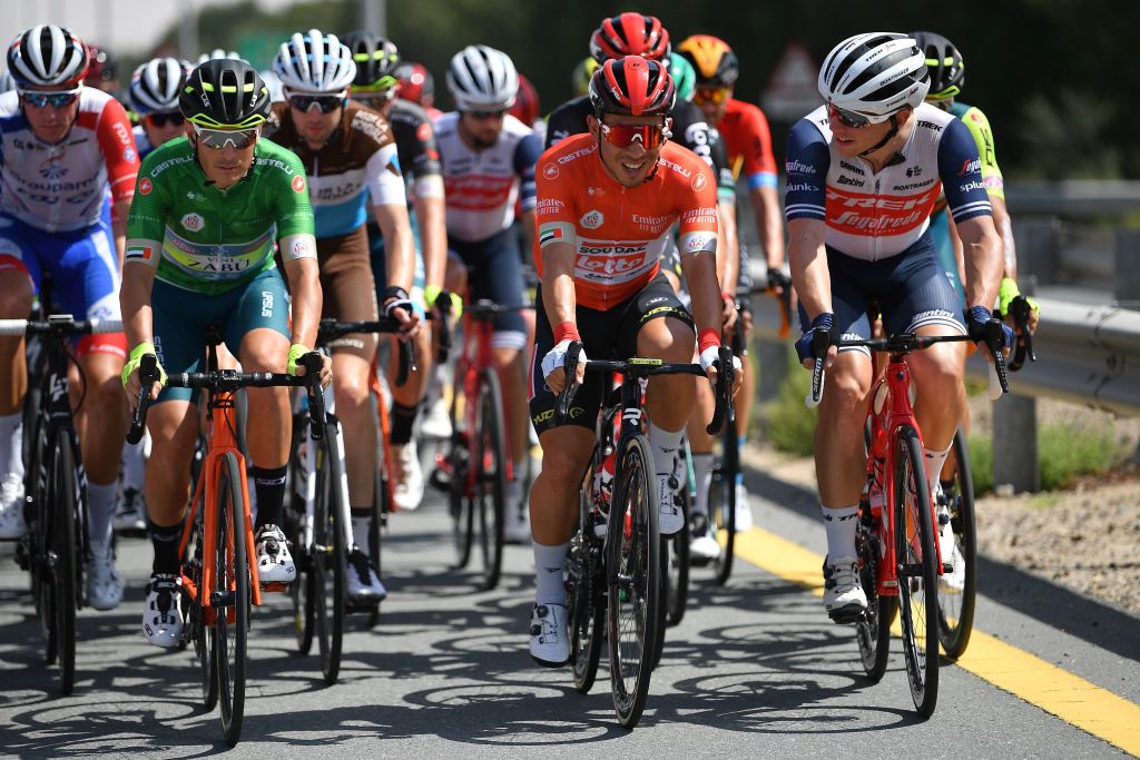 Caleb Ewan in the UAE Tour leader's jersey