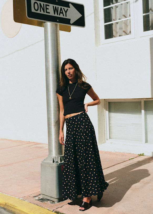 Soelle Skirt - Beige Polka Dots Black Background Print - Linen - S&amp;eacute;zane