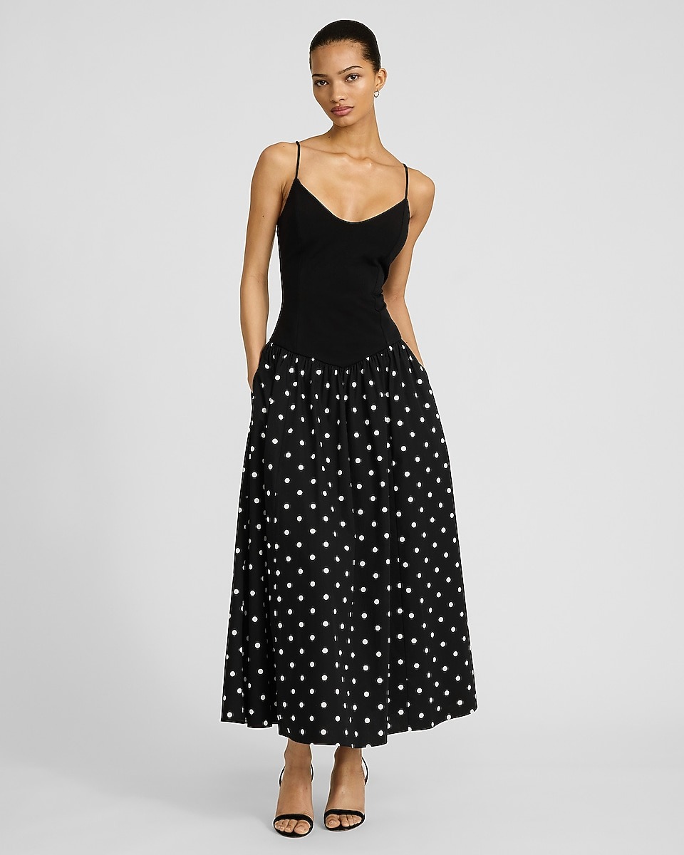 Express, Polka Dot Mixed Media V-Neck Drop Waist Midi Dress with Pockets