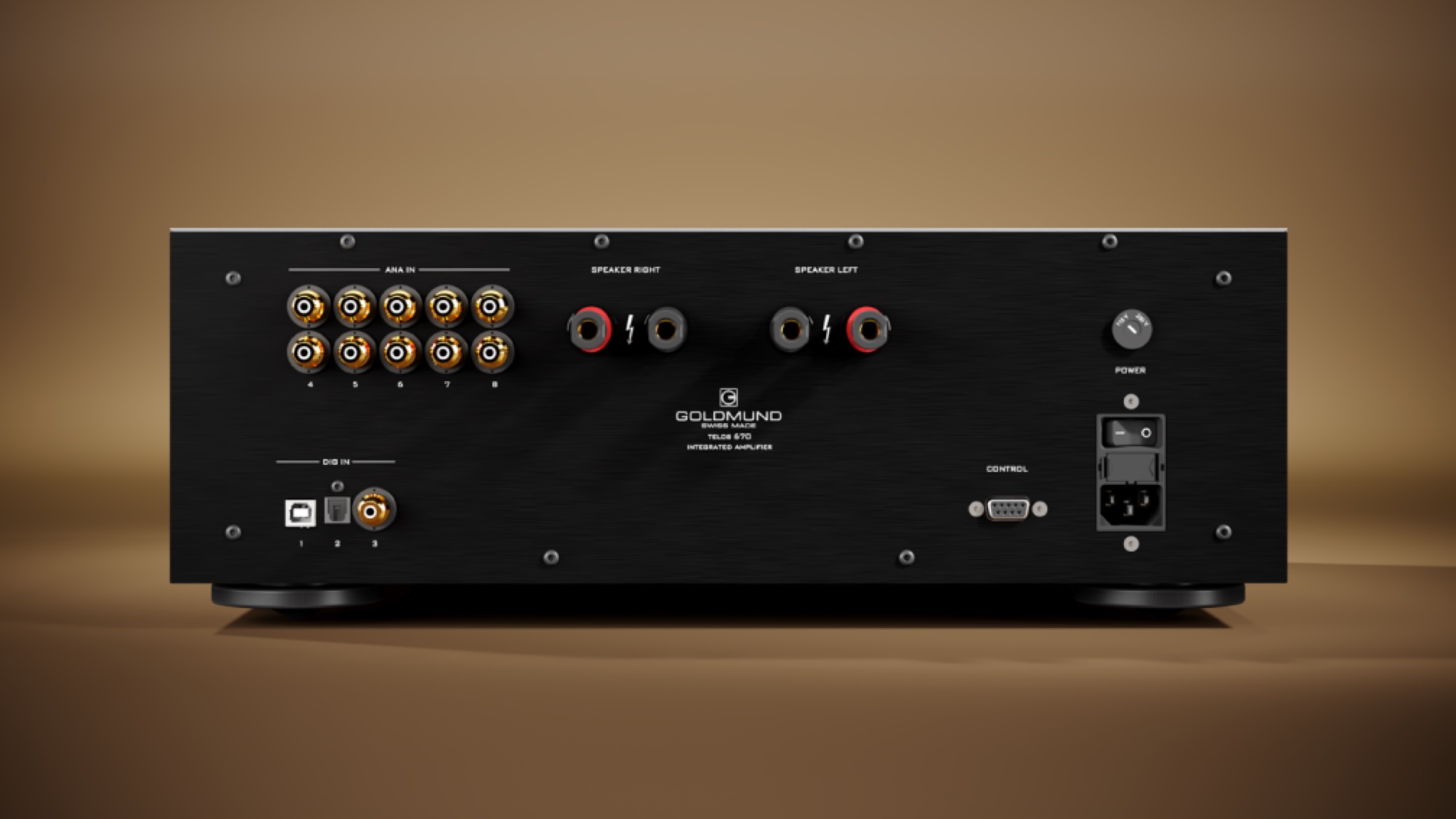 Goldmund Telos 670 amplifier in grey, shot from behind against a warm bronze background