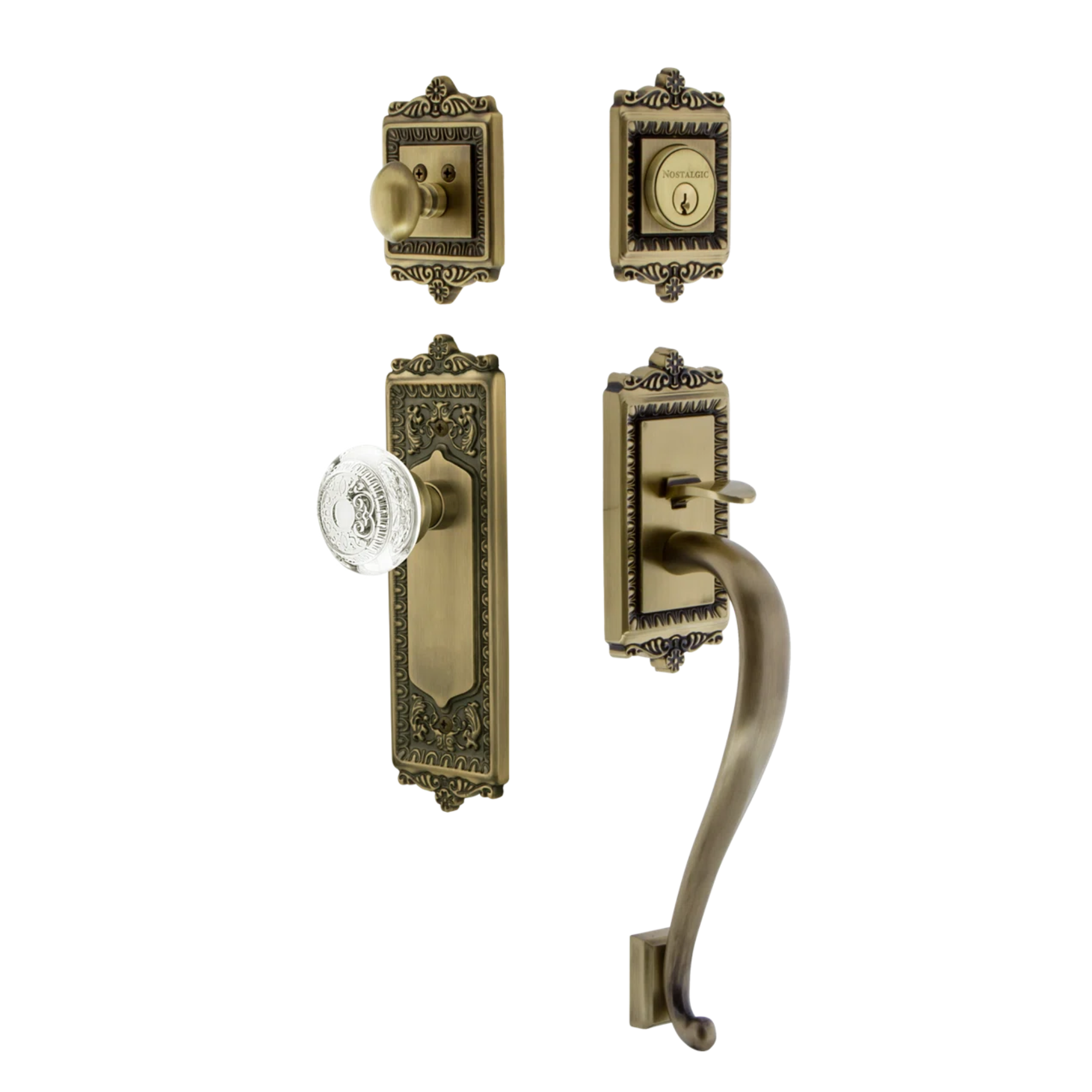 a doorhandle set in antique brass