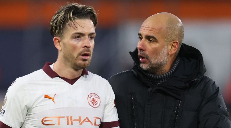 Jack Grealish and Pep Guardiola during Manchester City&#039;s Premier League match at Luton in December 2023.