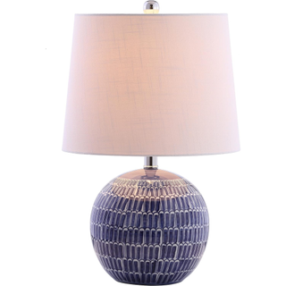 blue and white table lamp with cylindrical base