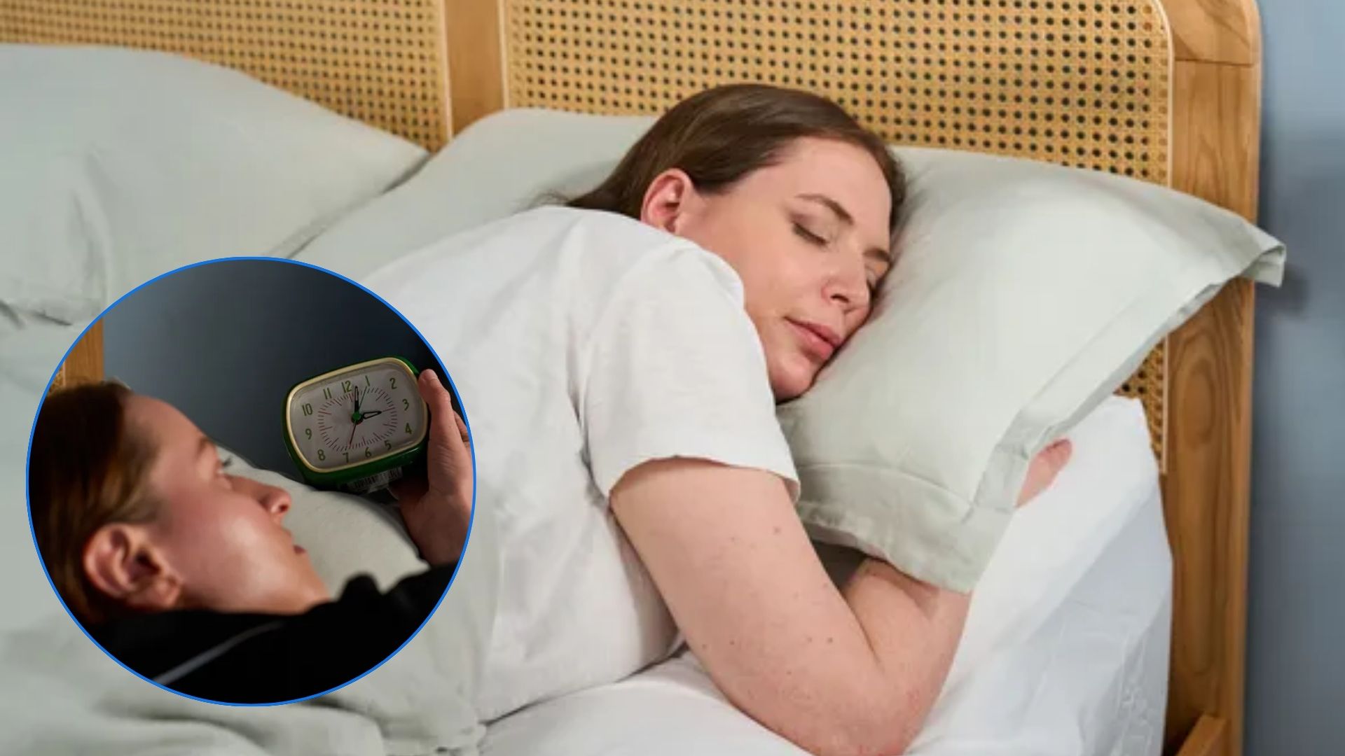 The image shows a woman with short dark hair wearing a white t shirt sleeping peacefully in bed. Inset, a dark haired woman sits up in bed and check the time on her clock - it's 3 a.m. 