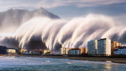 A big tsunami wave crashing on coastal houses