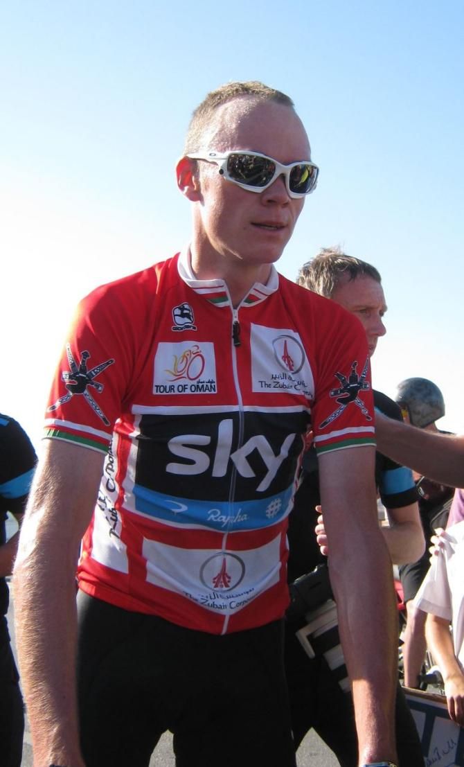 Chris Froome (Sky) in the red jersey of Tour of Oman winner.
