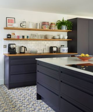 kitchen with shelving unit and pattern tiles