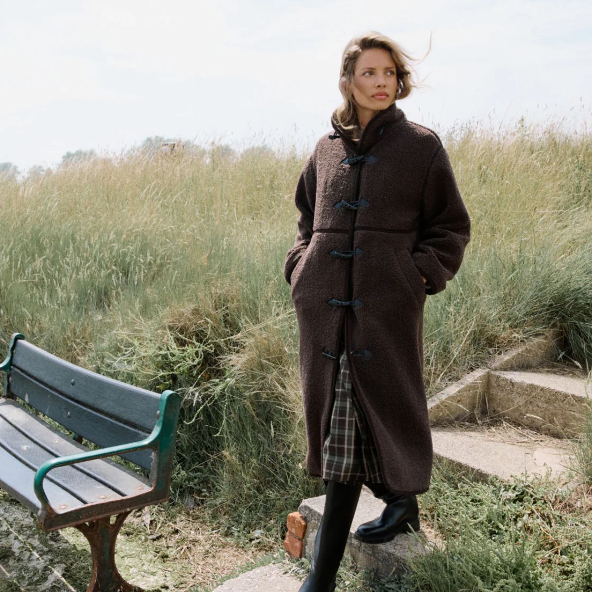 model wearing Nobody&#039;s Child brown borg coat