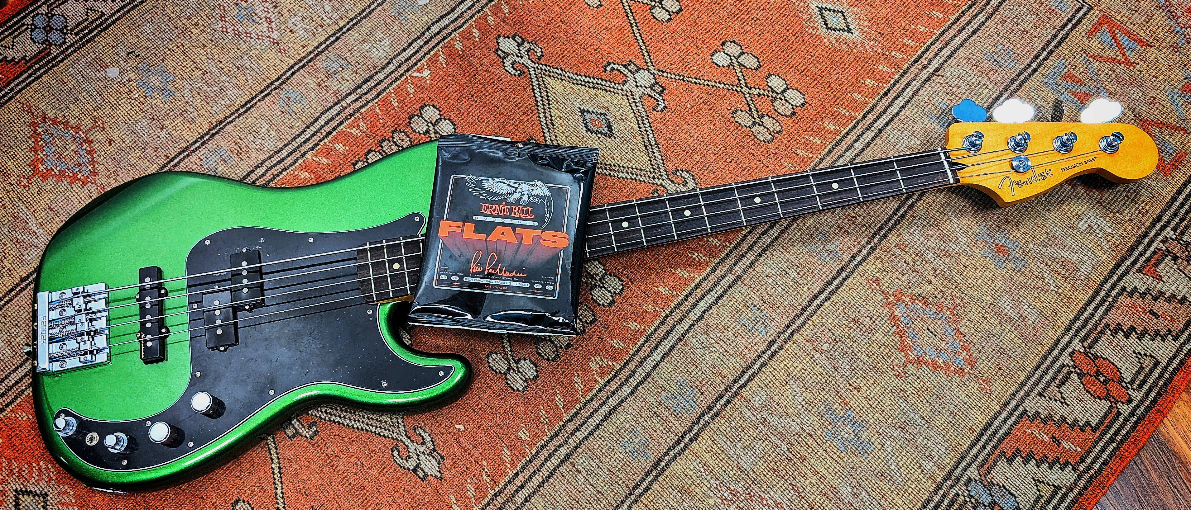 Ernie Ball Pino Palladino Smoothies flatwound bass strings on a Fender Player II Modified Active Precision Bass