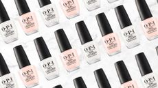 A collage featuring product shots of OPI's Funny Bunny and Bubble Bath nail polishes (Funny Bunny is a milky white colour and Bubble Bath, a sheer neutral pink), both arranged in a repeated and alternating line pattern, on a white and grey marbled template