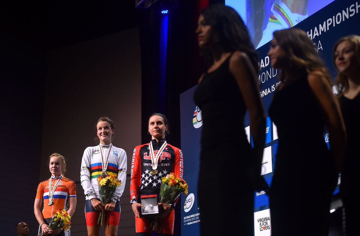 The women's road race podium of Anna van der Breggen (Netherlands), Lizzie Armitstead (Great Britain) and Megan Guarnier (USA)