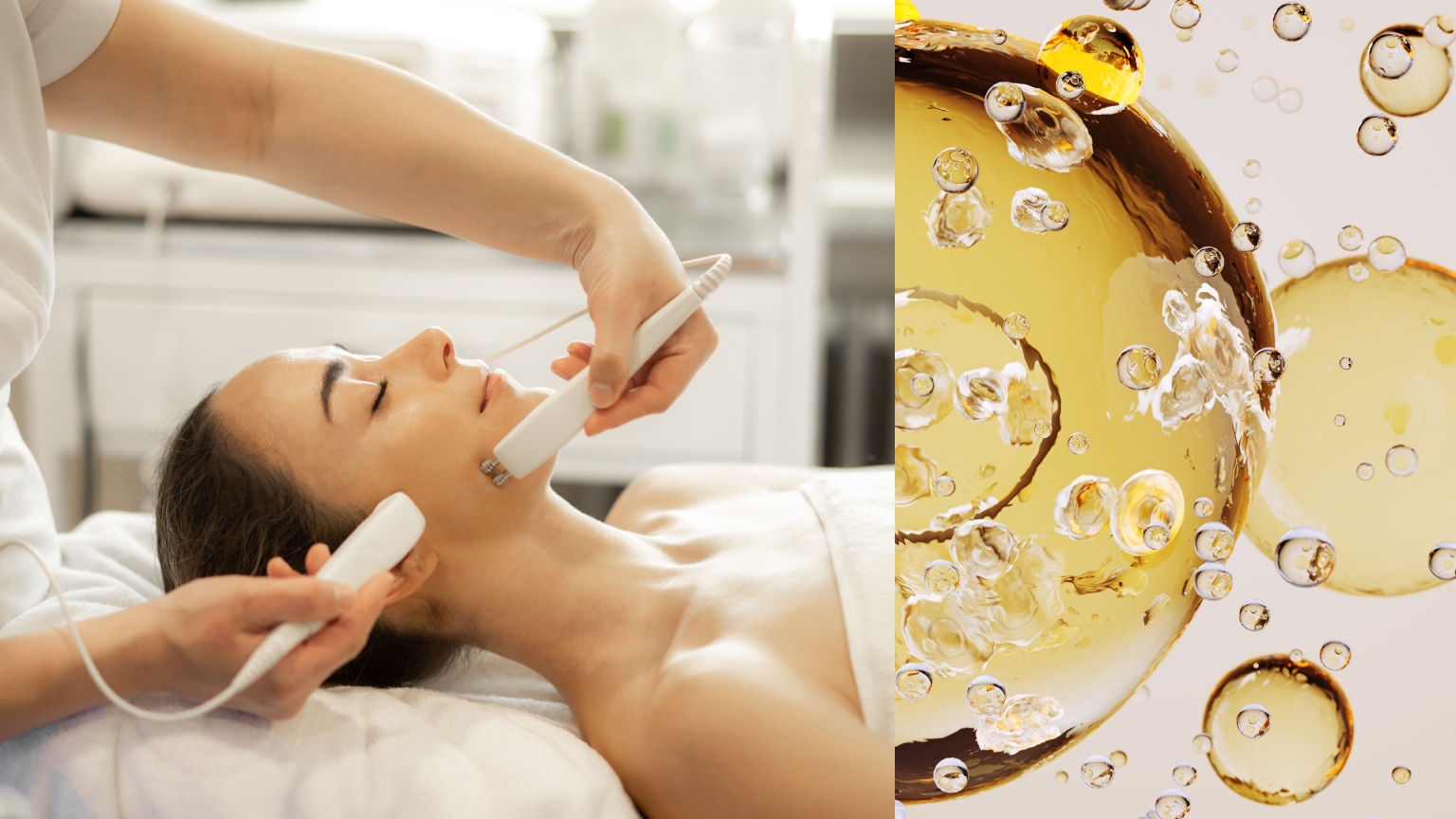 a split image of a woman lying down receiving a skincare treatment and an abstract yellow bubble on a pink background