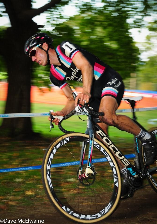 Jeremy Powers (Rapha Focus) riding third wheel though the trees
