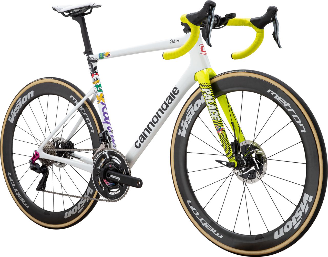 Classic white frame surface, contrasts with the tennis ball yellow fork and bar tape