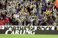 Alan Shearer celebrates one of his five goals for Newcastle United against Sheffield Wednesday in September 1999.