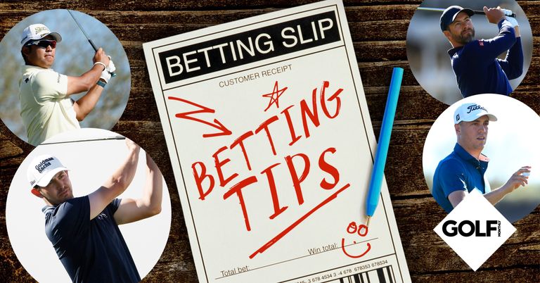 Betting slip graphic and four golfers