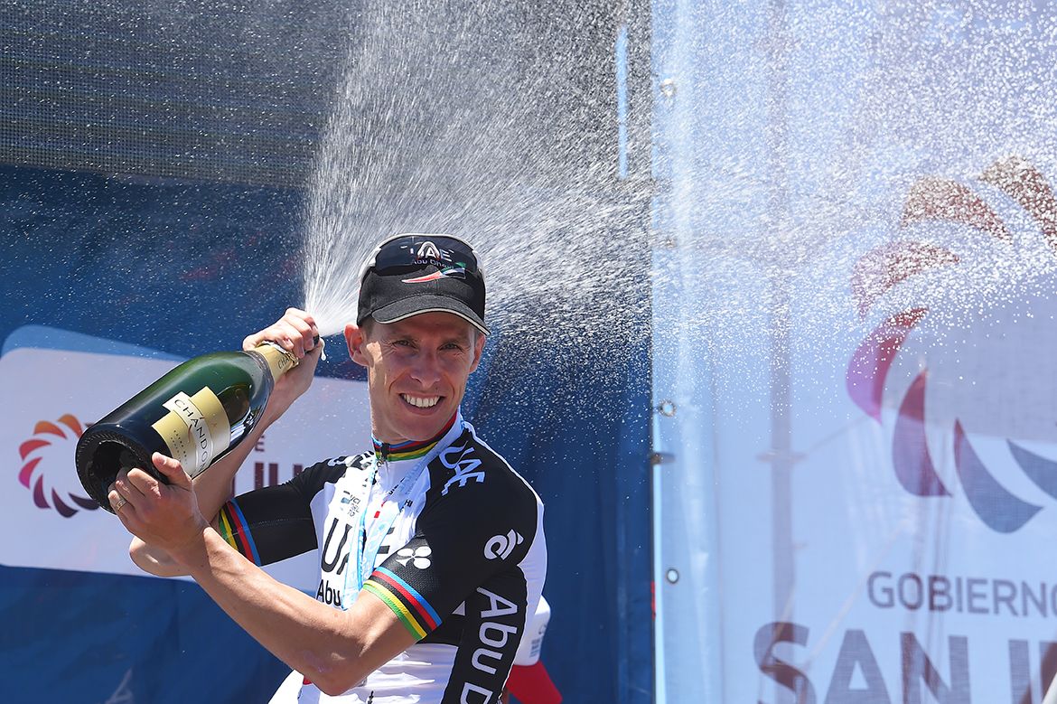 Rui Costa (UAE Abu Dhabi) gets a cool champagne shower