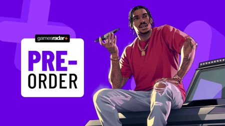 Image of some official GTA 6 artwork by Rockstar Games on a purple GamesRadar+ background.