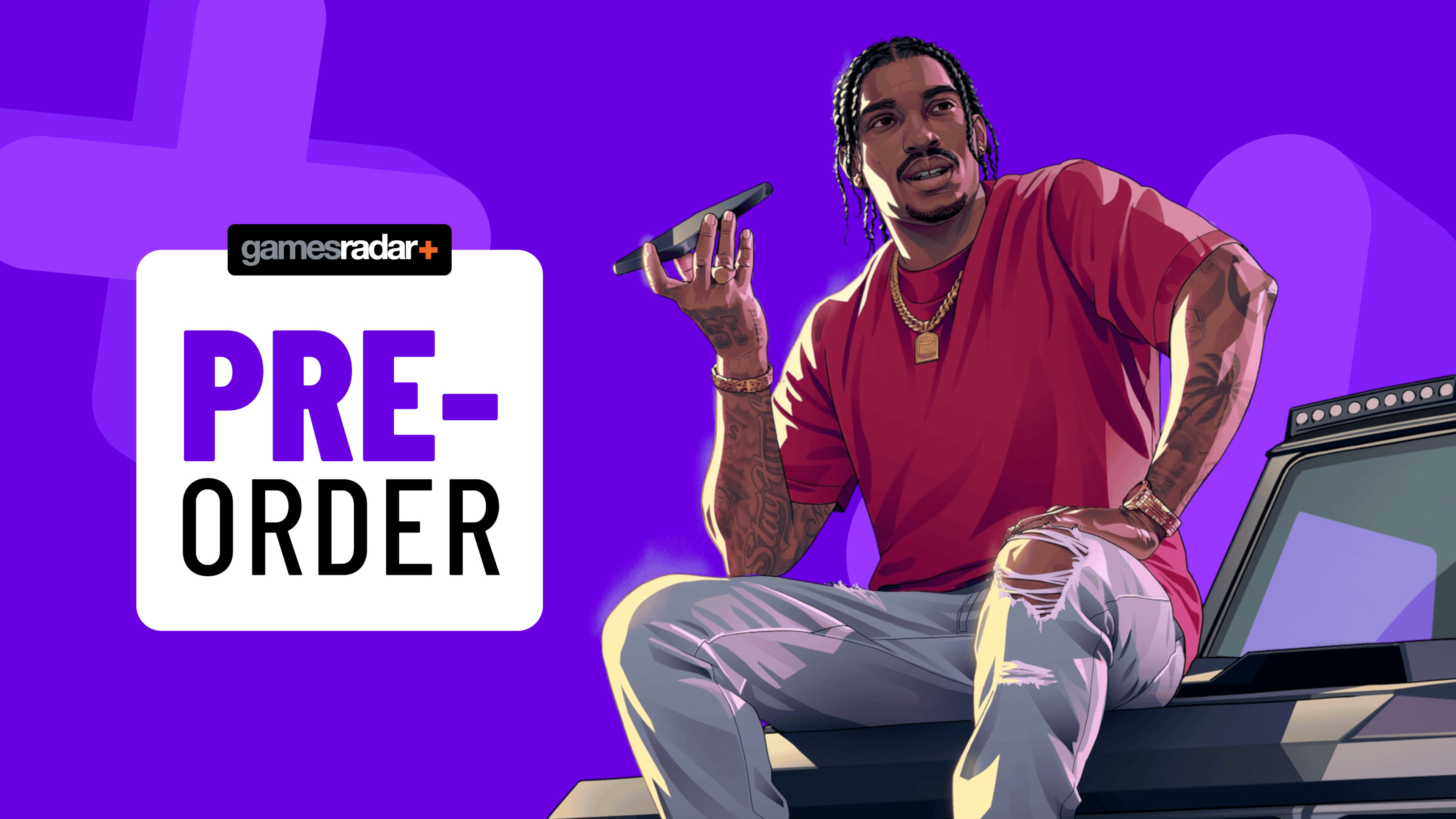 Image of some official GTA 6 artwork by Rockstar Games on a purple GamesRadar+ background.