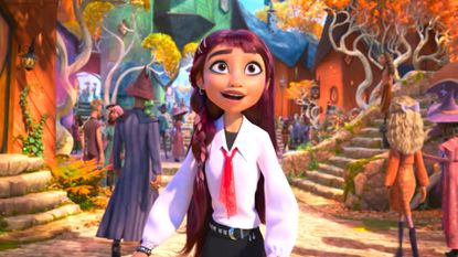 Billie Doe looking amazed at a magical town in the new Disney movie, Hexed