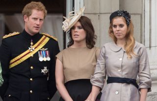 Prince Harry with Princess Eugenie and Princess Beatrice during the annual Trooping The Colour ceremony at Buckingham Palace