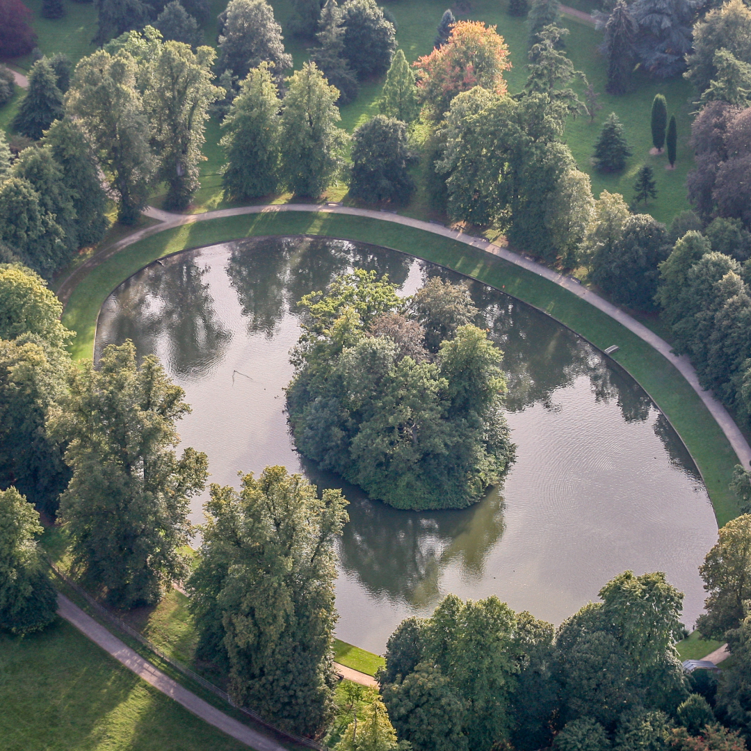 An aerial photo of Princess Diana's island grave