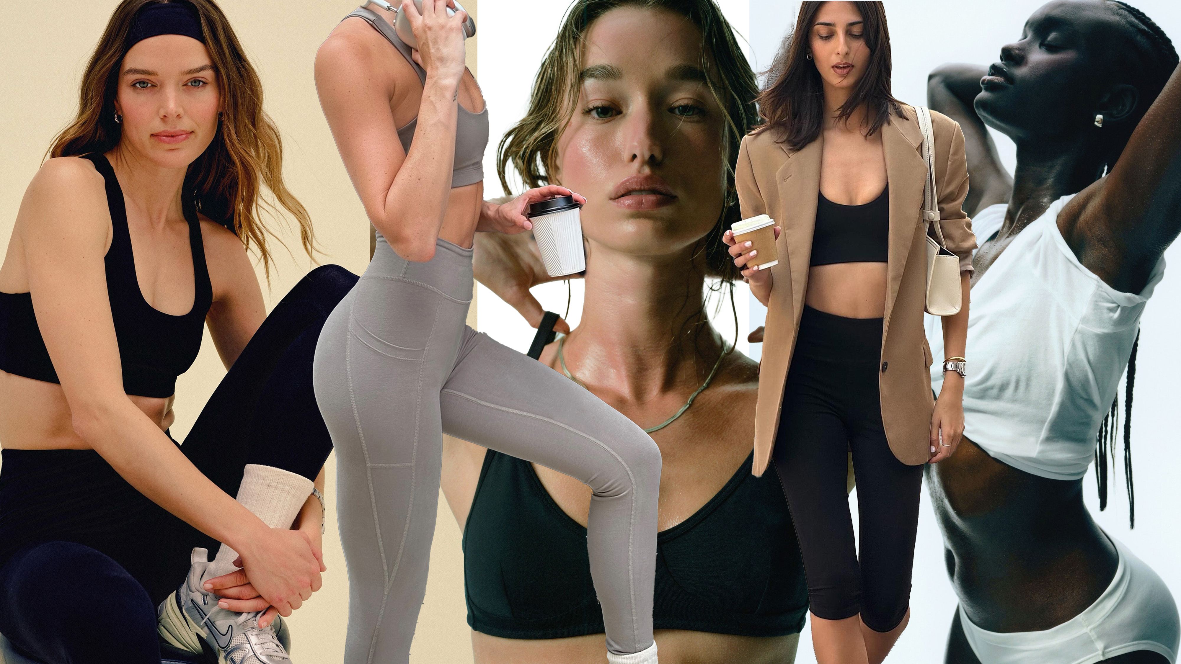 A collage of women wearing Mate the Label's nontoxic workout clothes.