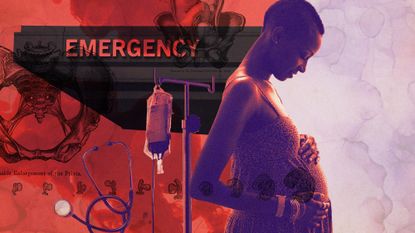 Photo collage of a Black woman cradling her pregnant belly, medical illustrations of pelvises and pregnancies, an IV drip, and an emergency room. In the background, there are crimson swirls reminiscent of blood.