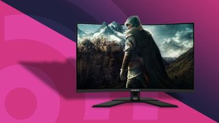 A Gigabyte M32UC, the best gaming monitor right now, against a magenta techradar background
