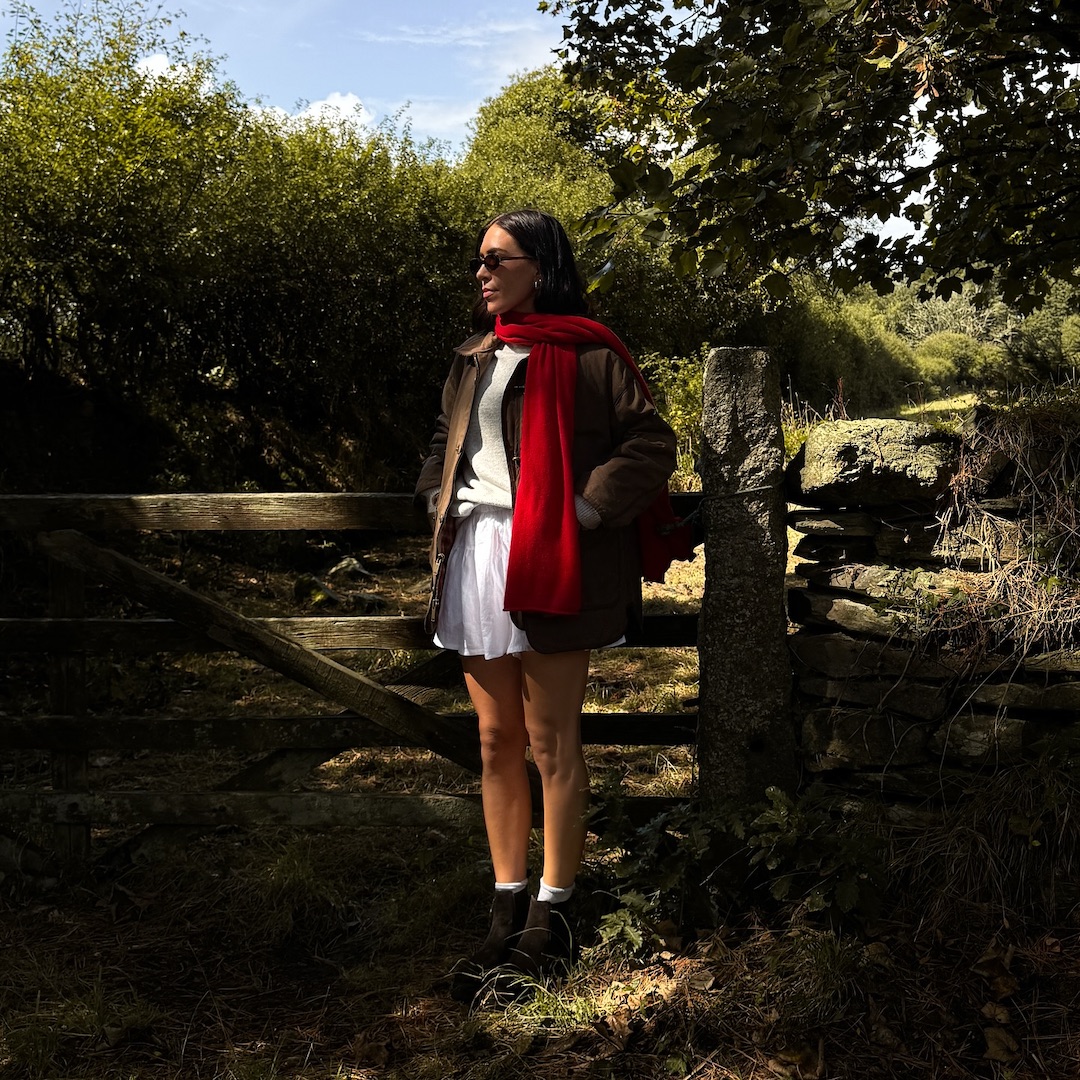 Jessica Skye wearing red scarf in the woods - best forest fruit perfumes