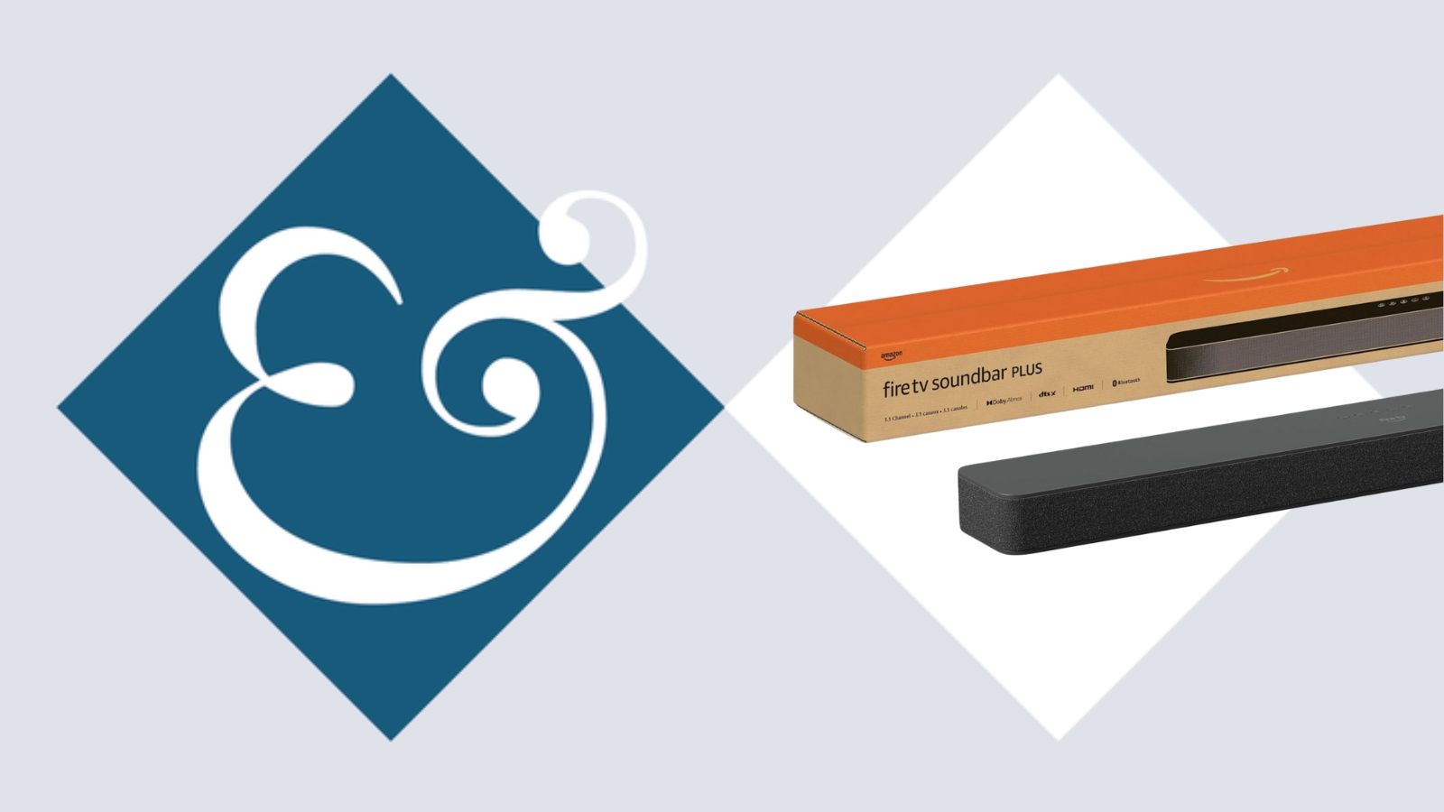 Fire TV Soundbar Plus on tile background next to Homes &amp; Gardens &#039;&amp;&#039; logo.