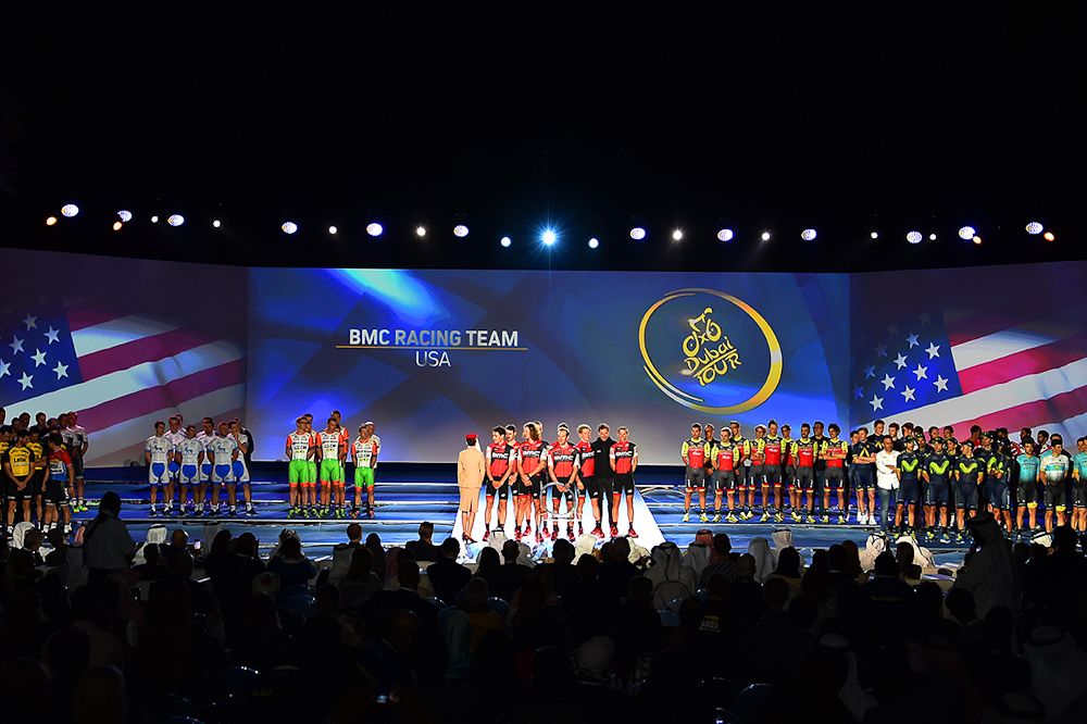 Teams take the stage at the Dubai Tour presentation