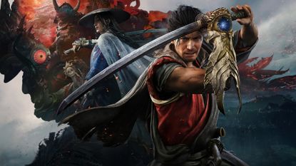 Samurai Miyamoto Musashi raises his sword to guard in key art for Onimusha: Way of the Sword, with enemies in a montage behind him