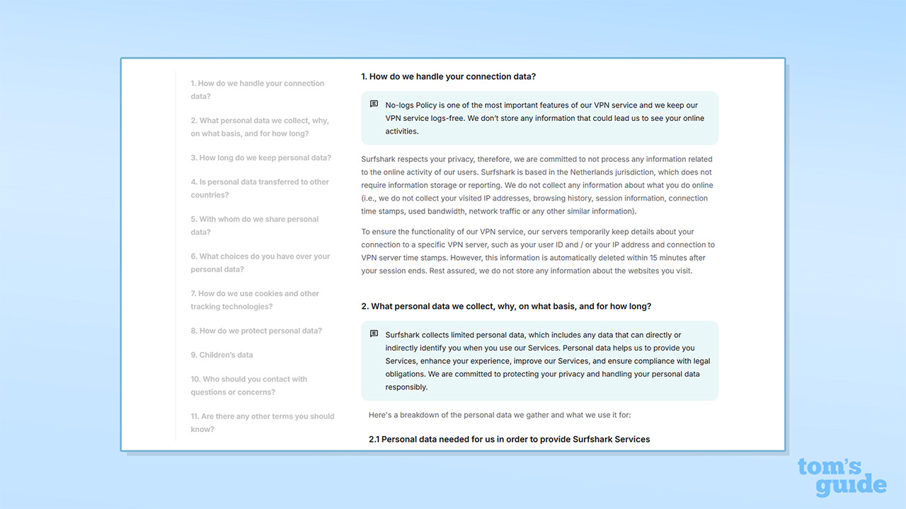 Screenshot of Surfshark privacy policy