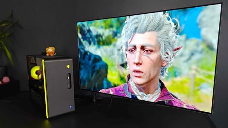 Alienware Aurora R16 connected to Philips Evnia monitor with Astarion from Baldur's Gate 3 on screen.