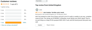Valoración del cliente en Amazon advirtiendo a la gente que no compre el producto