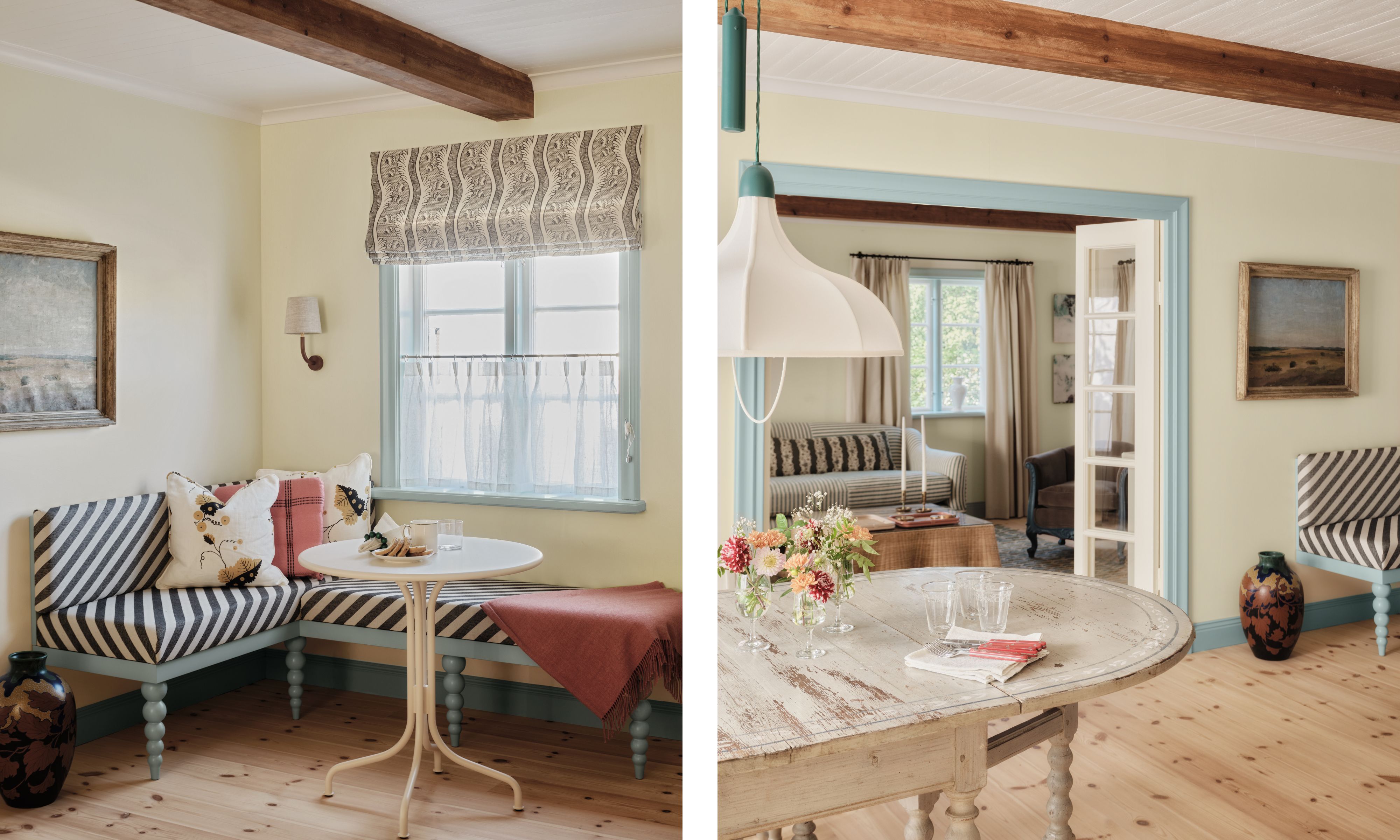 Two side by side images of a dining room. One pictures the corner of the room with a bench with striped cushions and a small circular table. The other images show a larger wooden dining table and internal doors into the living room painted in pale blue