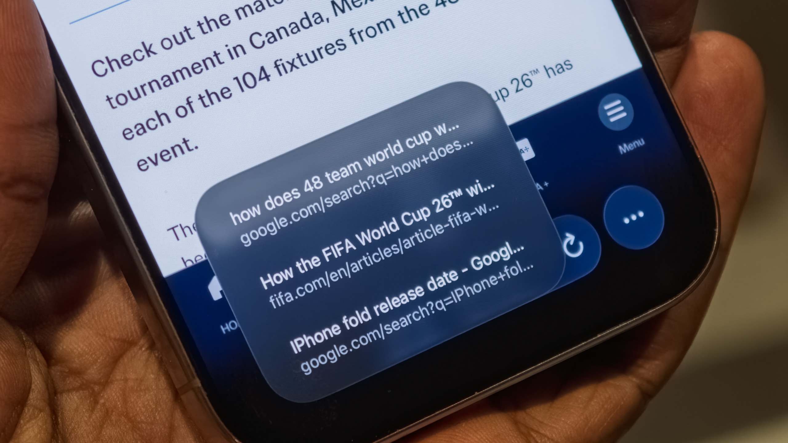 Safari browsing history menu and options on iOS 26 developer beta 2 on the iPhone 16 Pro