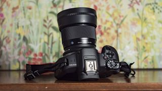 Sigma 56mm F1.4 DC DN Contemporary lens attached to a Canon EOS R100, on a wooden surface with floral backrop