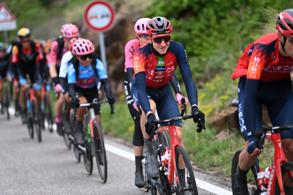 PREDAZZO ITALY APRIL 20 Tao Geoghegan Hart of United Kingdom and Team INEOS Grenadiers Green Leader Jersey competes during the 46th Tour of the Alps 2023 Stage 4 a 1529km stage from Rovereto to Predazzo 1023m on April 20 2023 in Predazzo Italy Photo by Tim de WaeleGetty Images