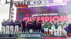 Legion XIII lifting the LIV Golf trophy after winning the season long team championship