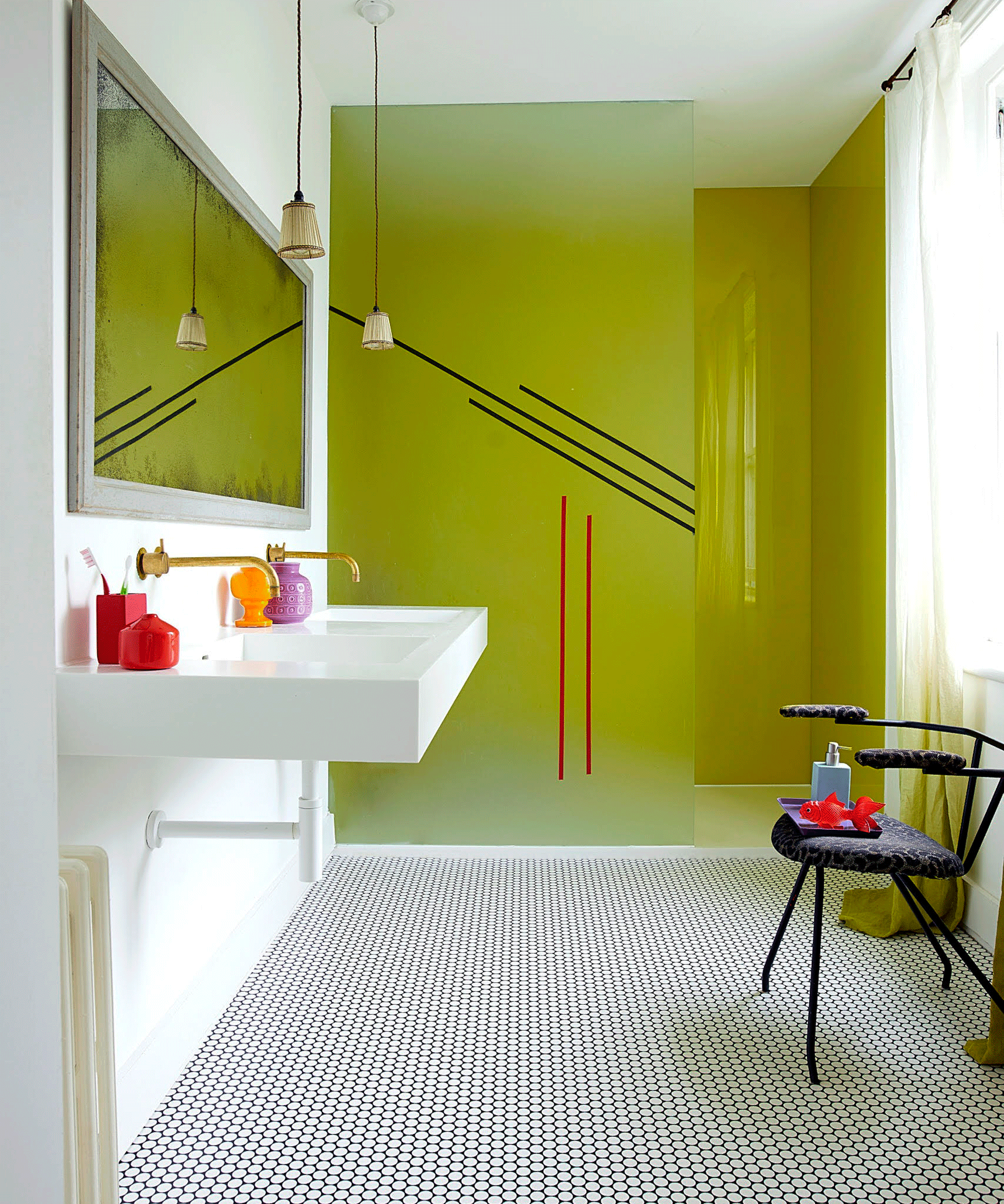 Green shower and penny tile vinyl flooring