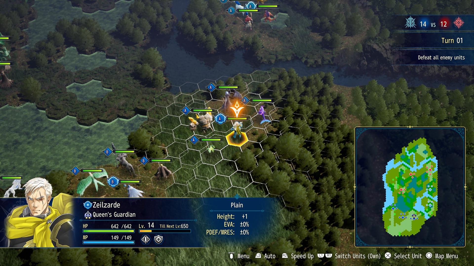 Brigandine Abyss screenshot showing soldier units on a forested area with a hexagonal grid layout