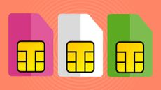 Magenta, white, and green SIM cards on orange background