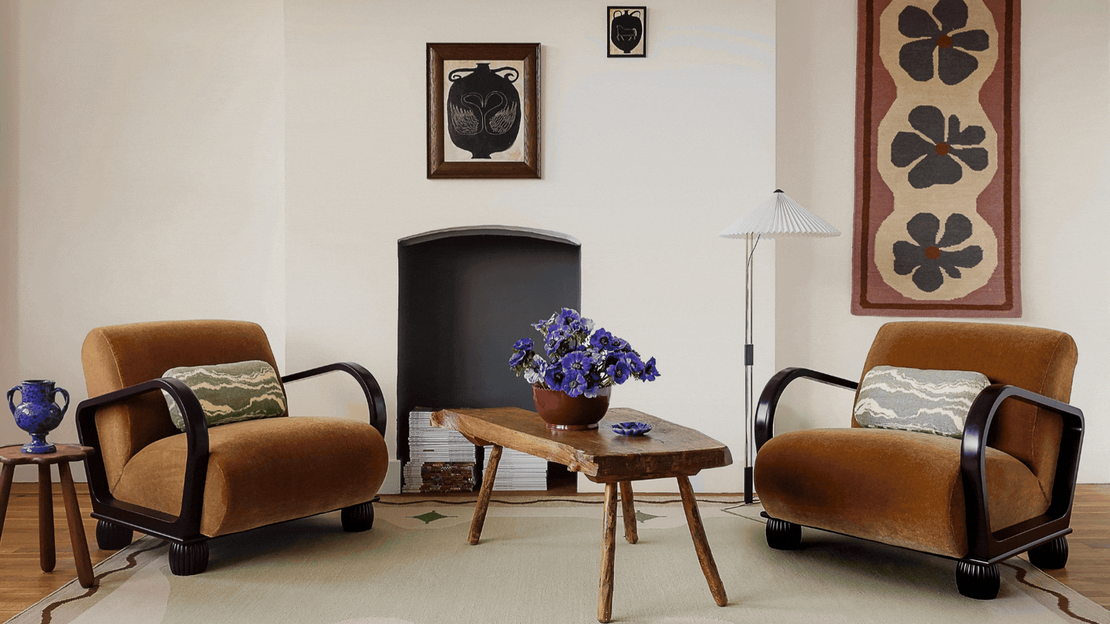 Rotating GIF of four different images depicting different homeware launches. Each image is a different interior with wooden and upholstered furniture.