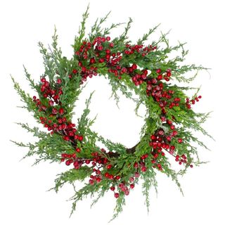 Iced Berries + Pine Artificial Christmas Wreath against a white background. 