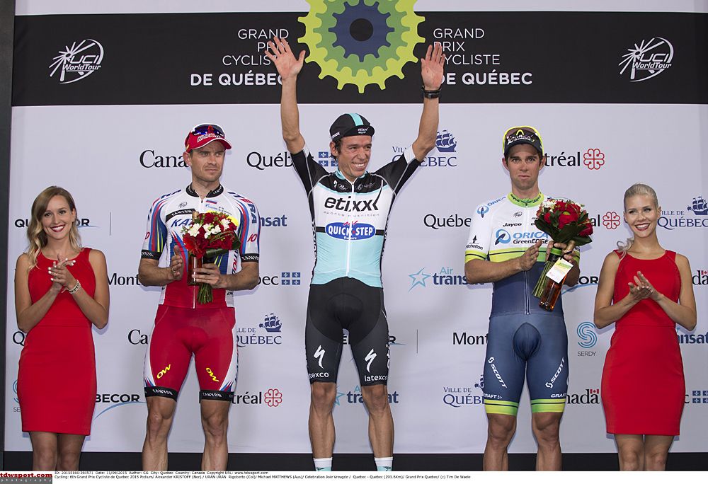 Rigoberto Uran (Etixx-QuickStep) victory salute at the Grand Prix Cycliste de Quebec