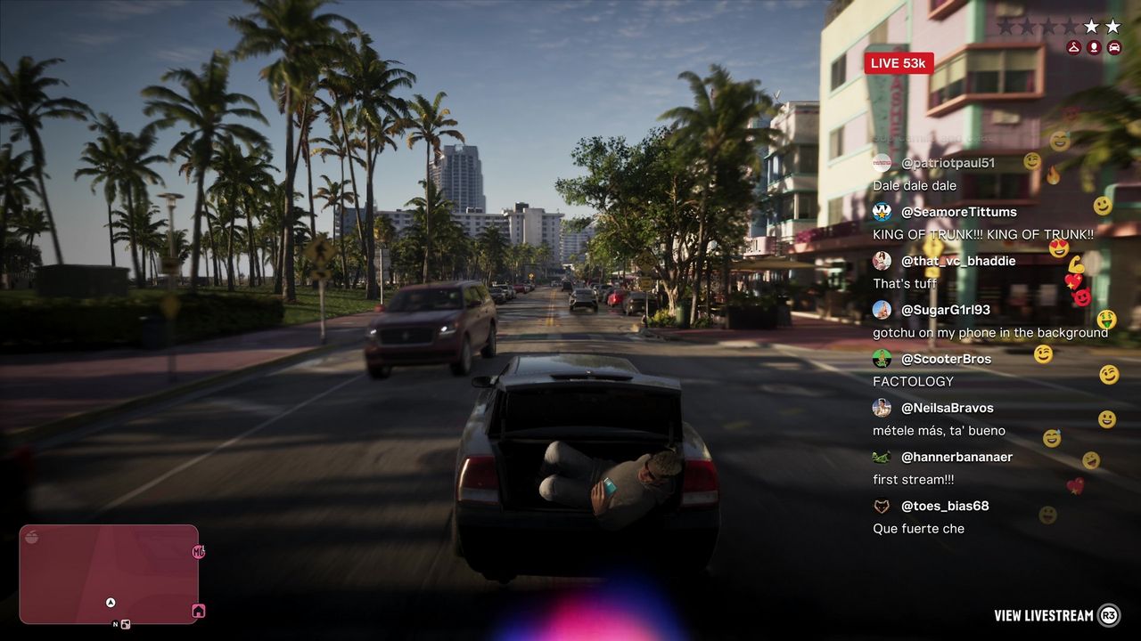A kidnapped man livestreams from the trunk of a car, from the GTA 6 extended look