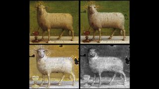 Upper left and upper right: Color image after removal of all 16th century overpaint. Lower left: False-color infrared reflectance image reveals underdrawing lines that denote the smaller hindquarters of the initial Lamb. Lower right: Map derived from processing the infrared reflectance image cube showing the initial Lamb with a slightly sagging back, more rounded hindquarters and a smaller tail.
