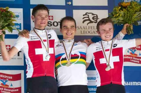 Elite men's cross country world championship podium: Lukas Flueckiger, Nino Schurter, Mathias Flueckiger